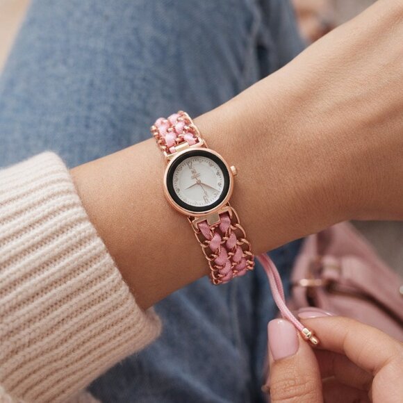Rose Gold Pink Braided Bracelet Watch Adjustable Chain Band Feminine